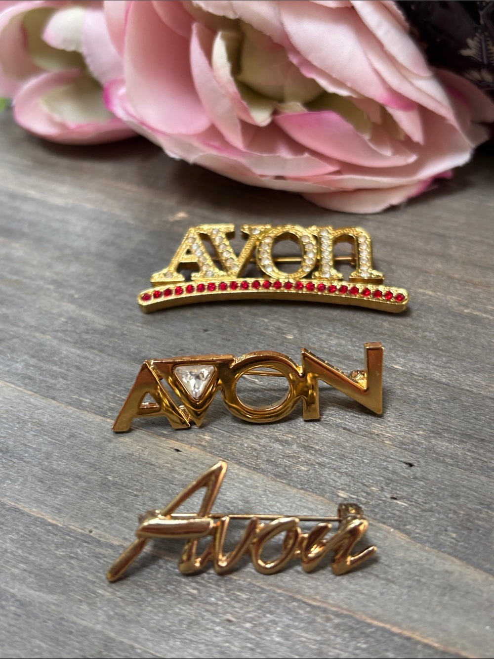 Vintage Avon Gold-Tone Logo Brooches (set of 3)